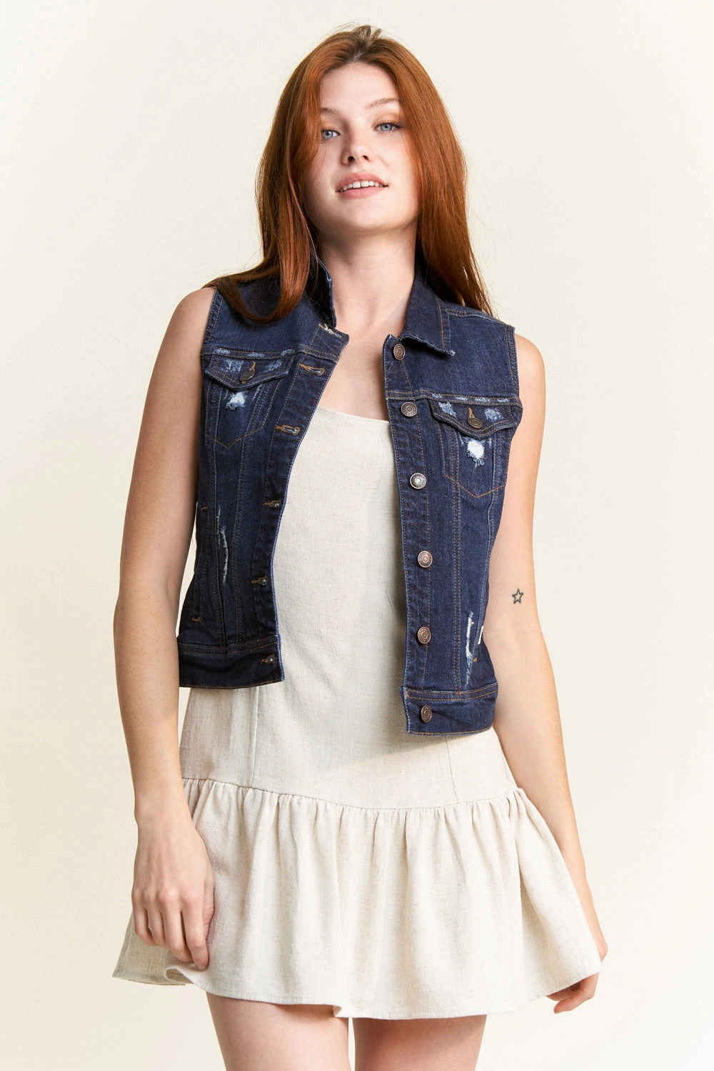 Multi Layer Construction Destructed Regular Fit Denim Vest