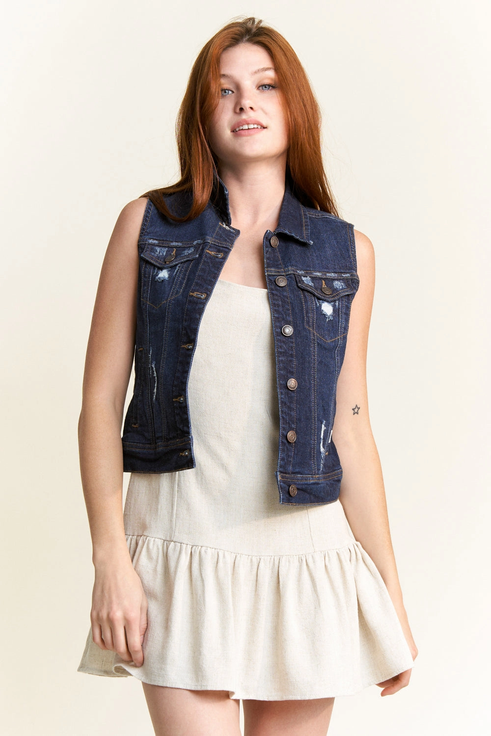 Destructed Regular Fit Denim Vest Ergonomic Cut Reinforced Shoulder Panels