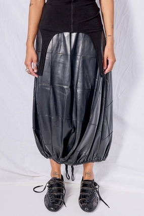 Flexible Performance Wear Black Vegan Leather Pintuck Shirred Bubble Skirt