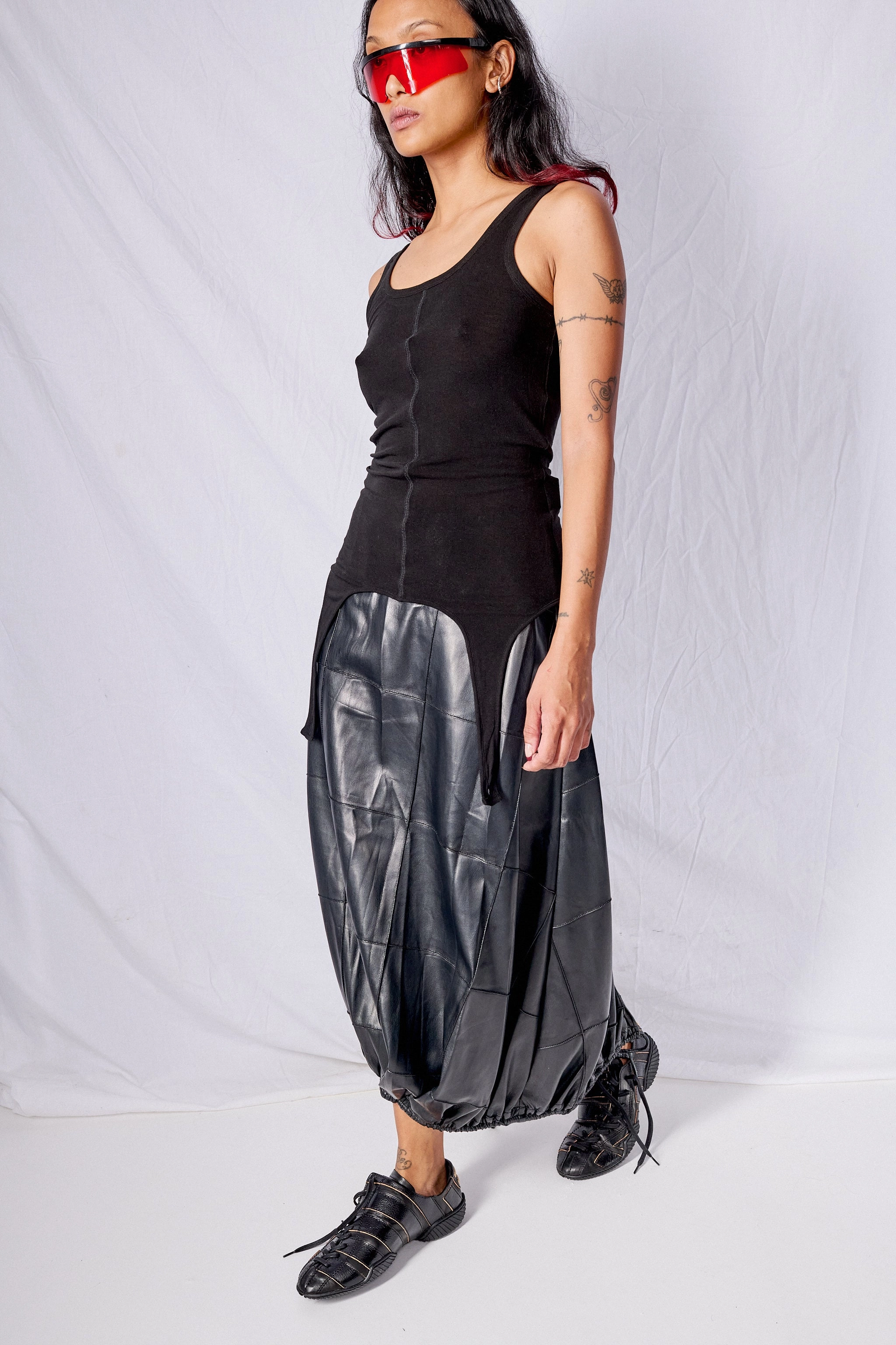 Black Vegan Leather Pintuck Shirred Bubble Skirt Street Style
