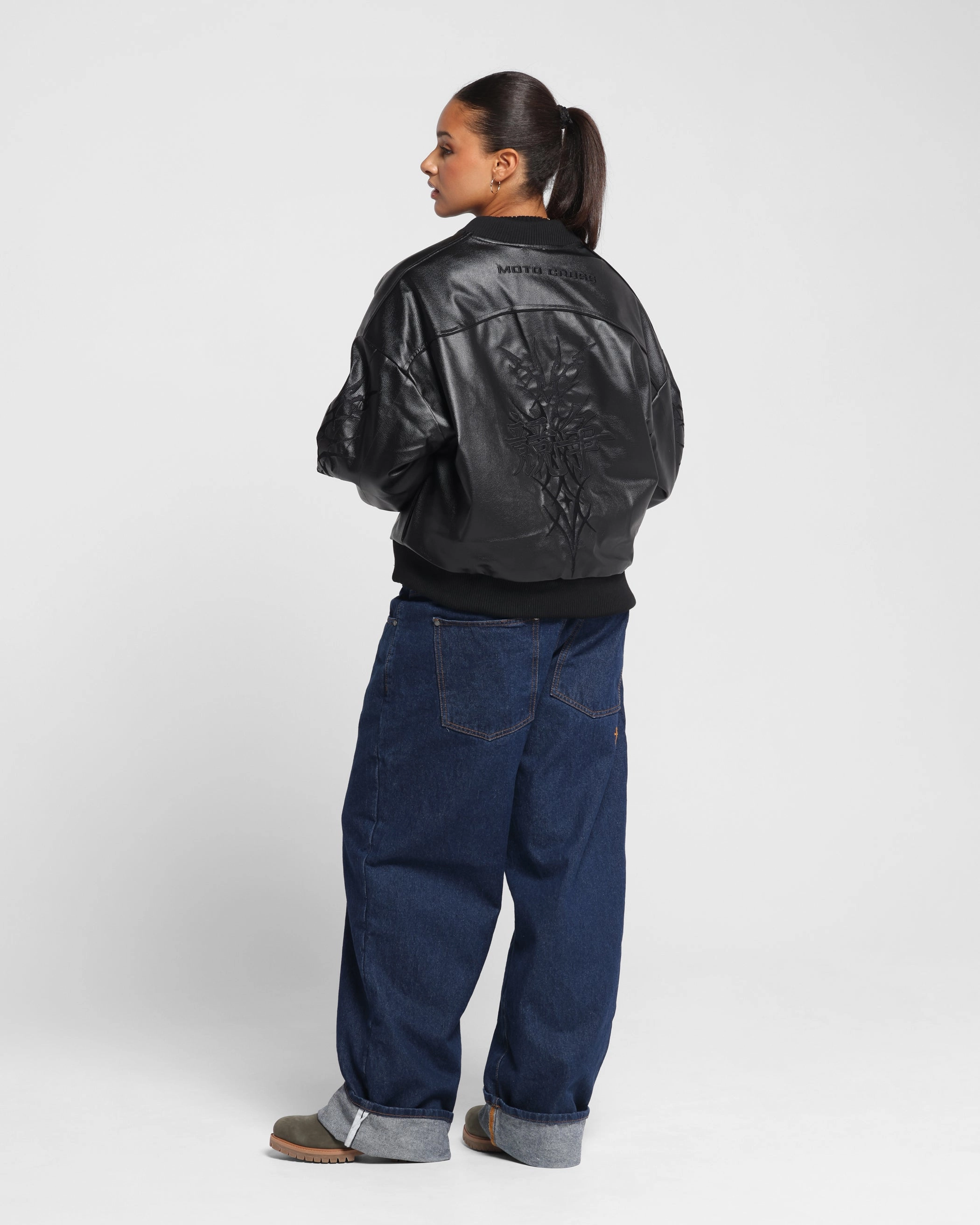 Simple Detail Loiter Tokyo Drift Vegan Leather Jacket Black