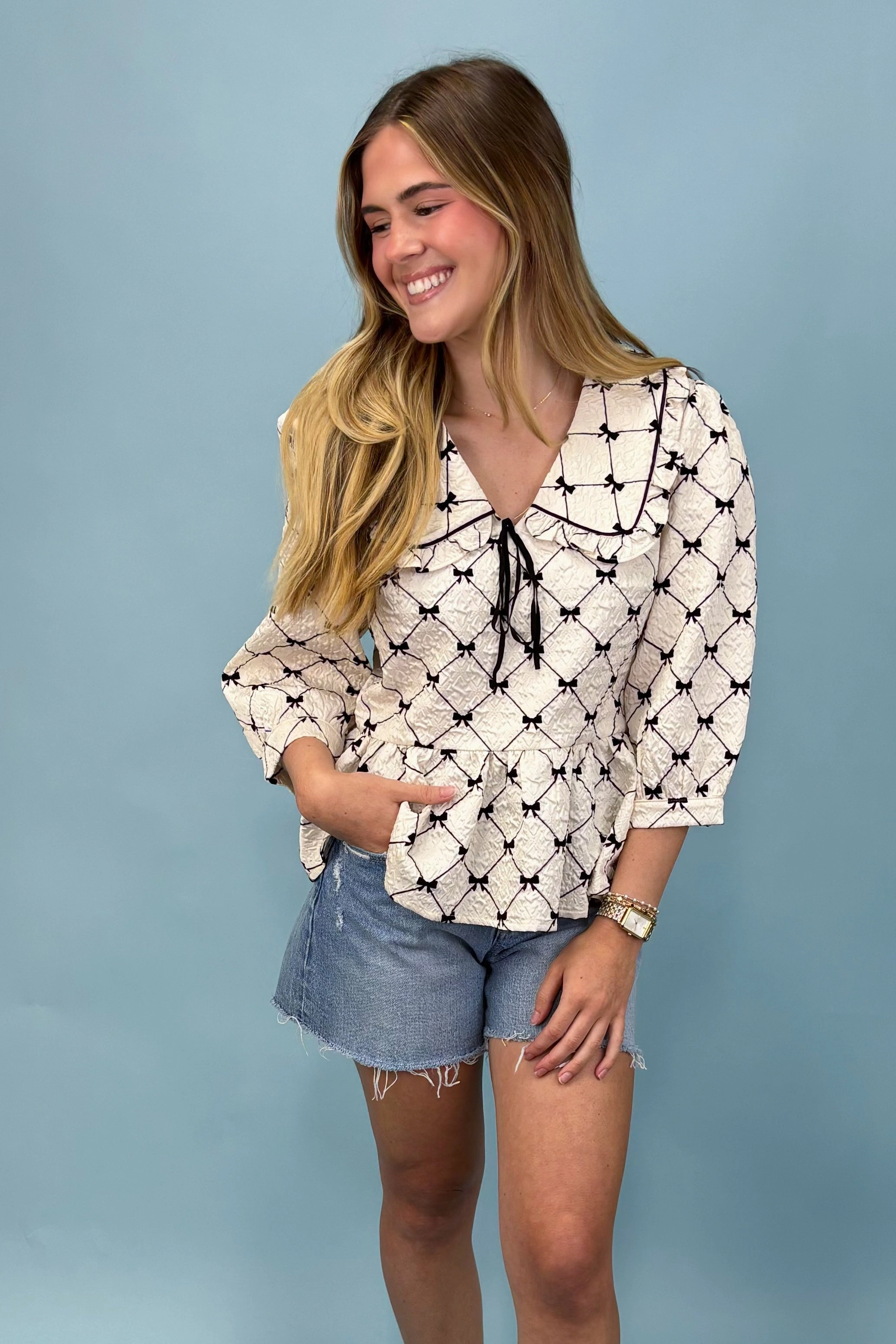 Multi Panel Design Tencel Cotton Hybrid Weave Flirty Chic Bow Peplum Top