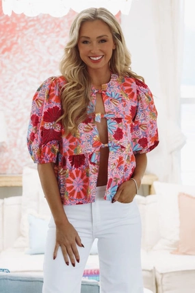 Compact Weave Fabric Formal Blouse Floral Peek-A-Bow Top - Pink, Red and Green