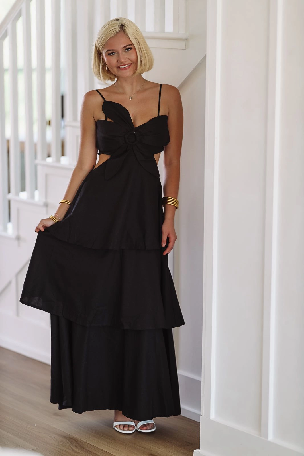 Lightweight Knit Neutral Tone Palette Flower on Top Maxi Dress - Black
