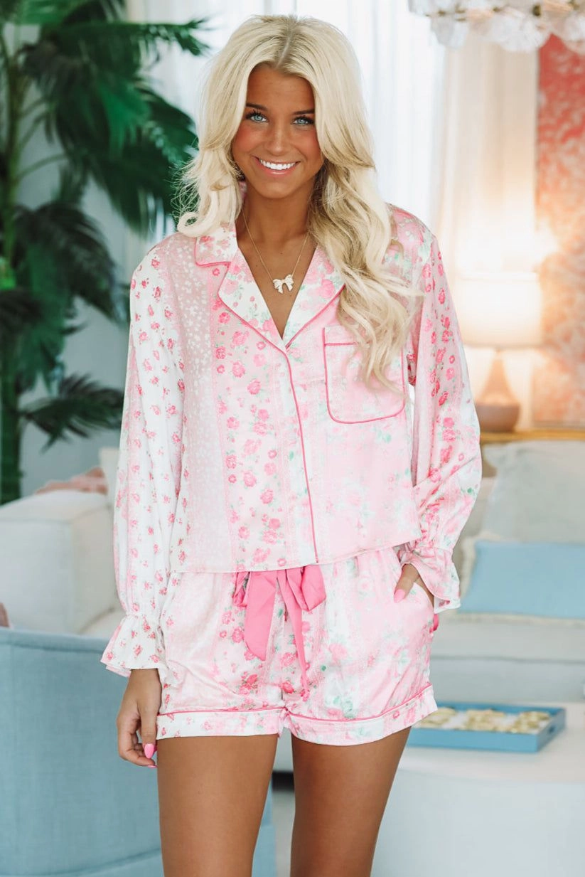 French Roses Short and Top Pajama Set - Pink DropShoulder