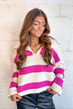 Chic Outfit Modern Casual Look Fuchsia Striped Knit Sweater