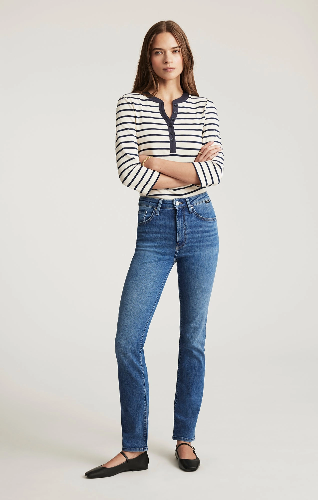 KENDRA STRAIGHT LEG IN MID BRUSHED FLEX BLUE Flex Knit Waist Panel Sunny Vibes Casual