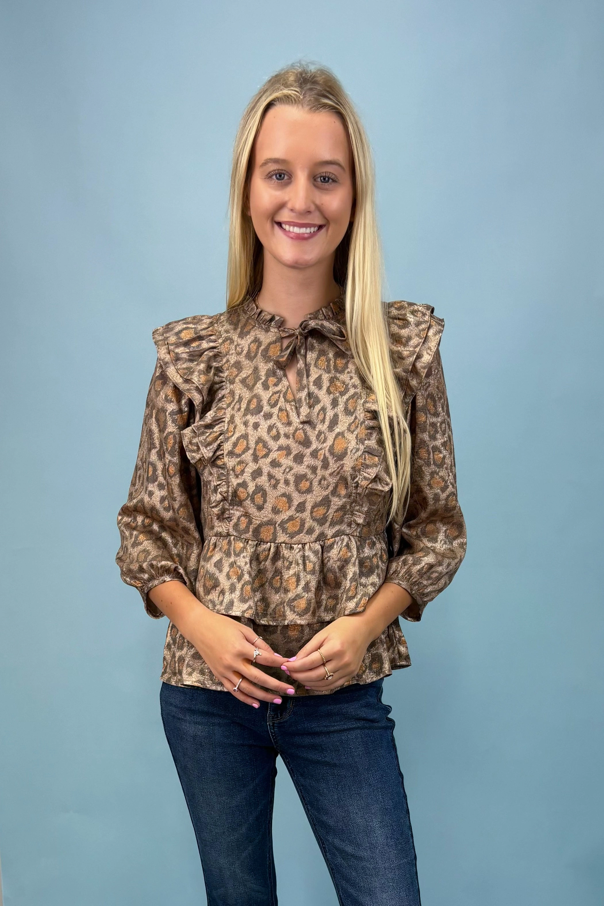 Light Deflection Fabric Fierce Statement Leopard Ruffle Top