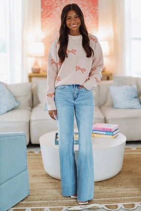 Happy You're Here Bow Sweater - Pink Built In Filter Layer