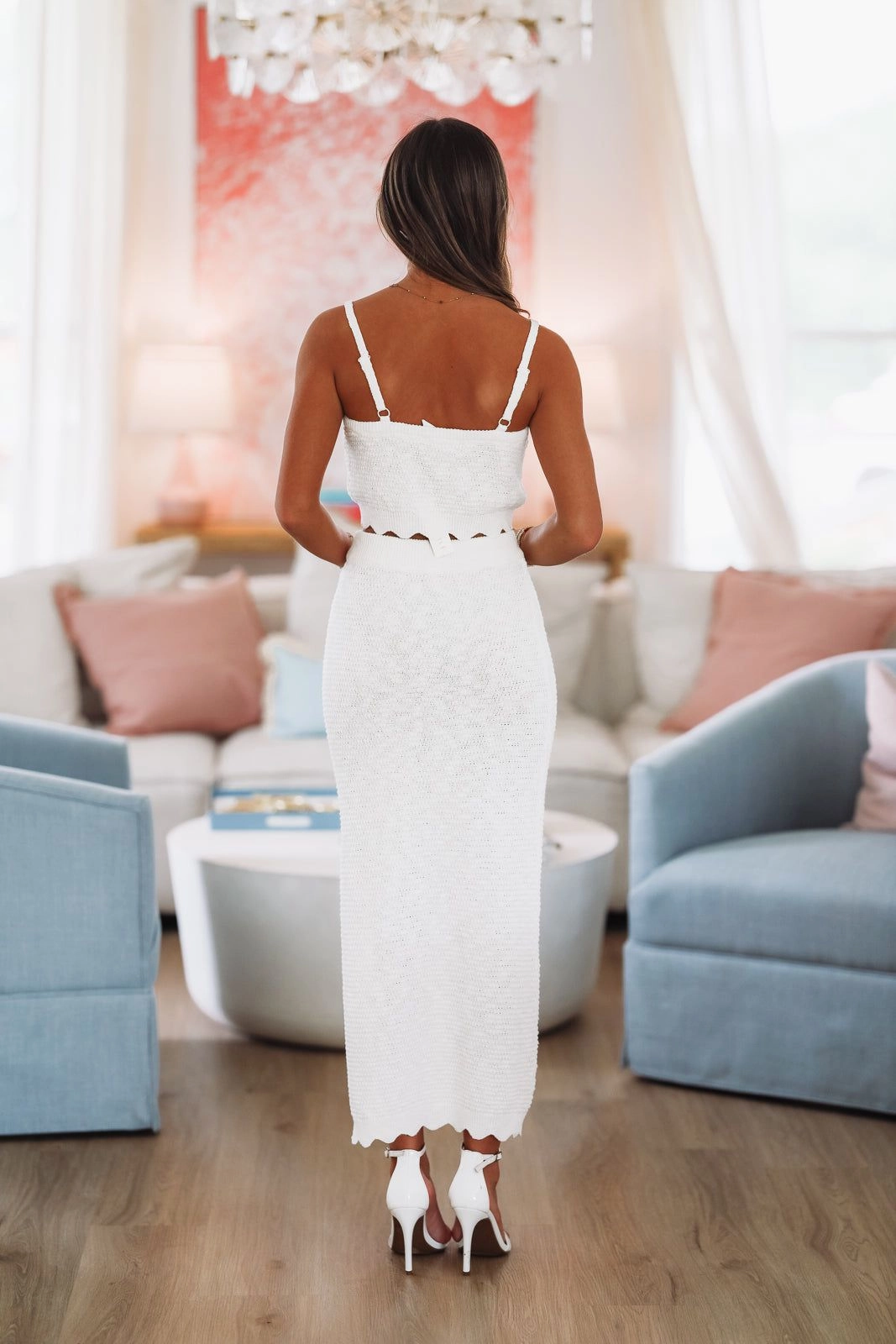 Ribbed Collar Design Grecian Coast Top and Midi Skirt Set - Off White