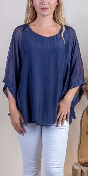 Soft Touch Texture PocketDetails Navy Round Neck Silk Top w/ Bell Sleeves