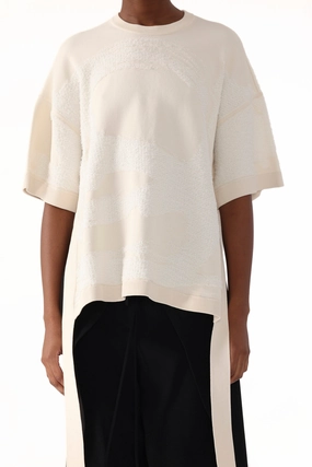 RibbedTrim LOOPED FRINGE JACQUARD TSHIRT SWEATER WITH ARTWORK