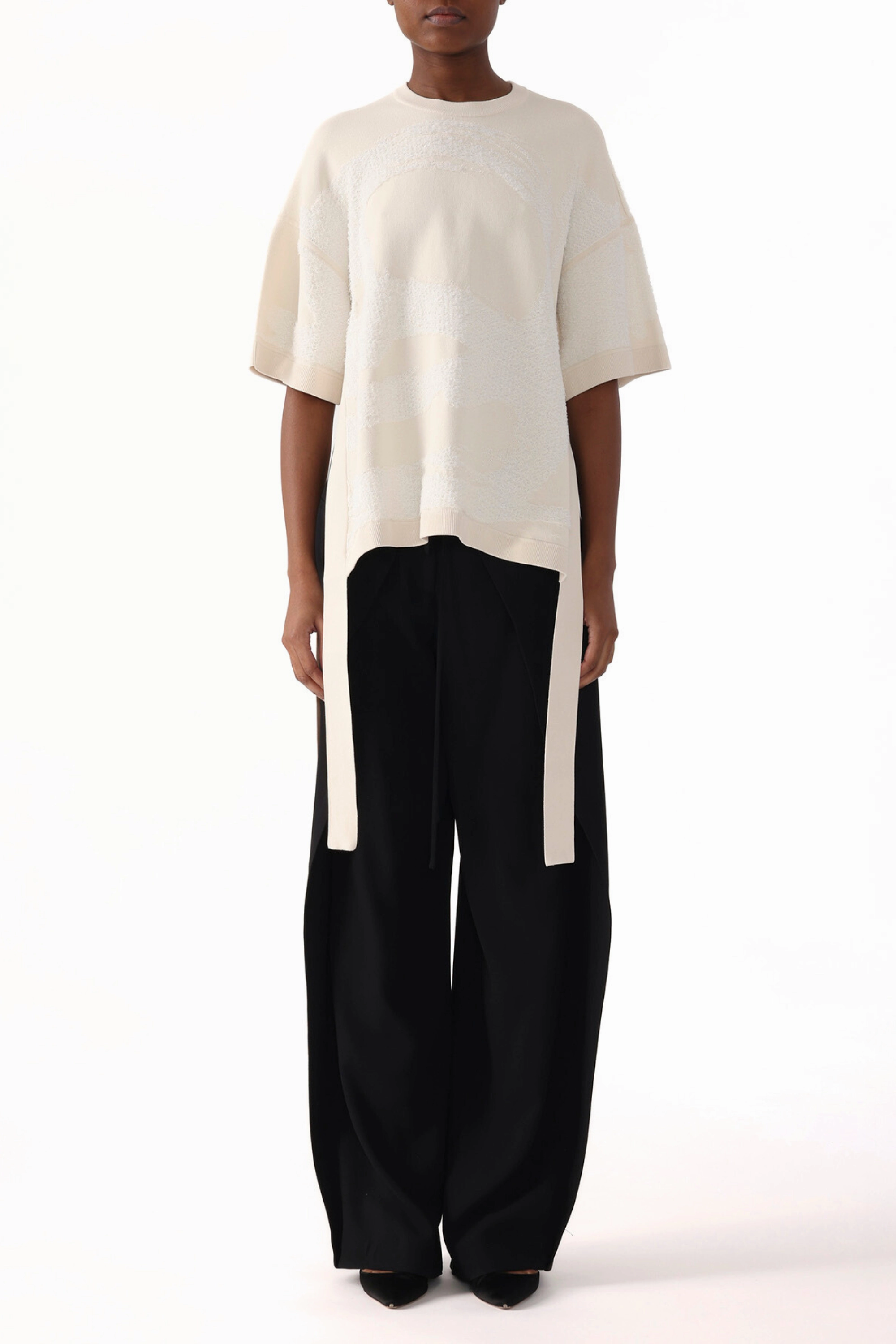 Oversized Silhouette Tunic top LOOPED FRINGE JACQUARD TSHIRT SWEATER WITH ARTWORK