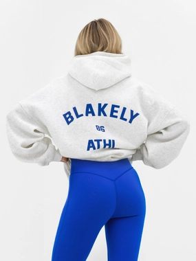 Hallie Oversized Hoodie - Marl White & Cobalt Blue Faux Fur Trim