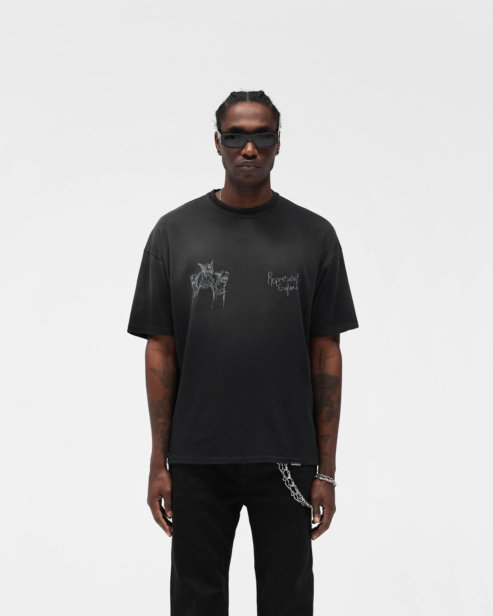 Sublimation Printed Collar Retro Hand Drawn Thoroughbred T-Shirt - Aged Black