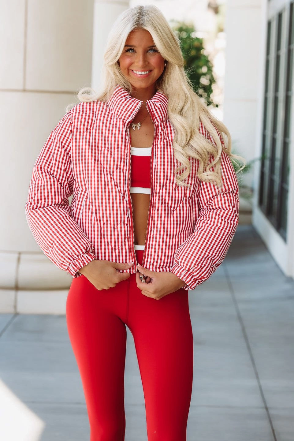 Hearts Beat Loud Gingham Puffer Jacket - Red and white Retro design