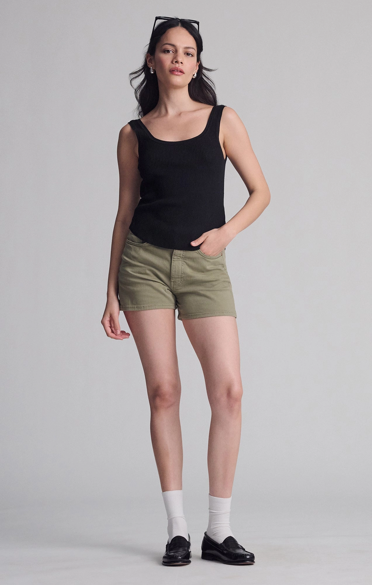 Eco Friendly Fabric concert outfit HEIDI STRAIGHT LEG SHORTS IN GREEN FLEX BLUE