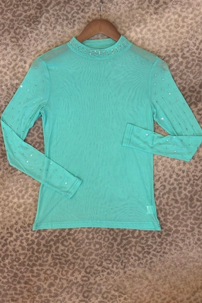 FadeResistant Treatment TearResistantWeave Turquoise Long Sleeve Mesh Top w/ Rhinestone Details