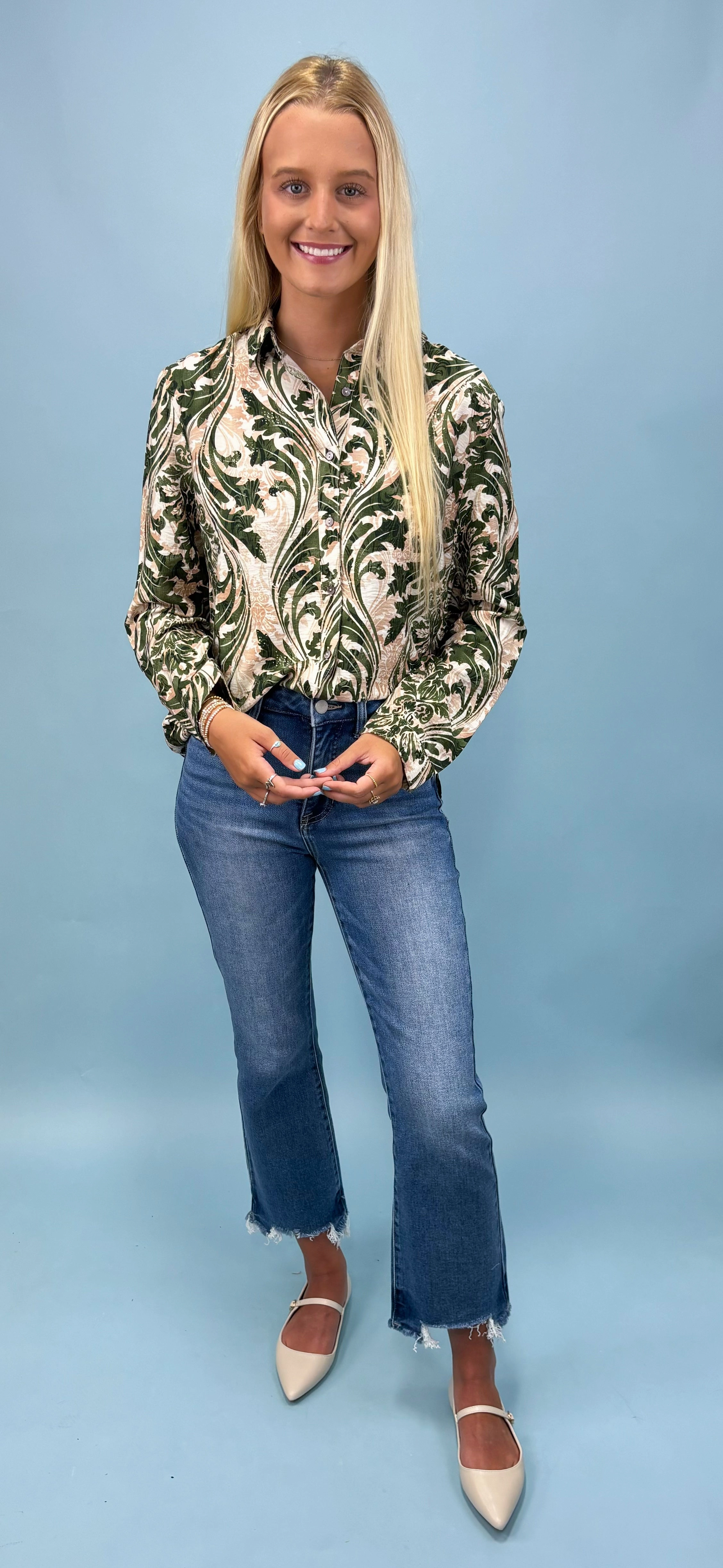 Sunset Sangria Button Up Top Office Look