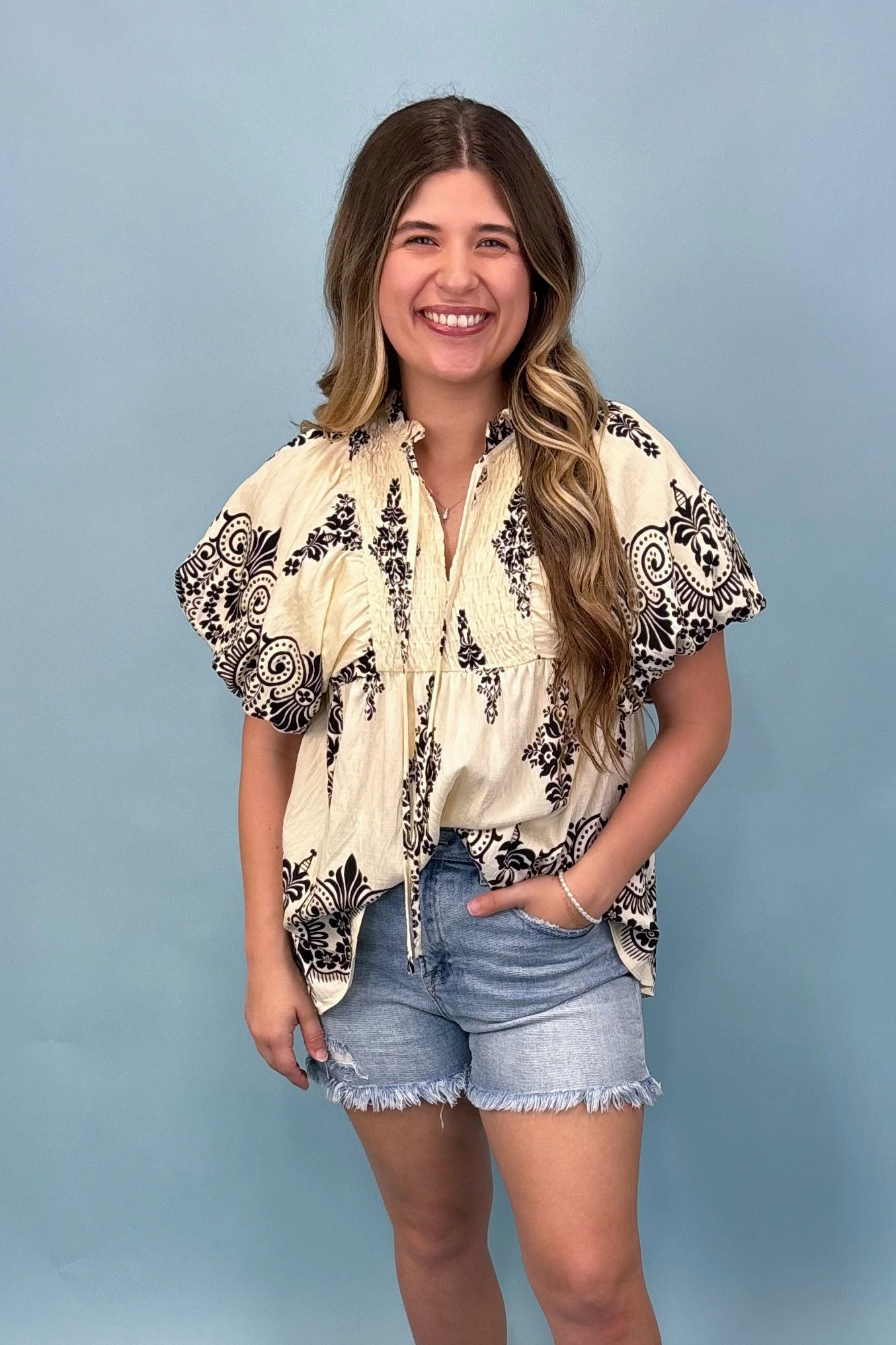 Oh So Chic Cream Smocked Top NoRoll Hem Technology