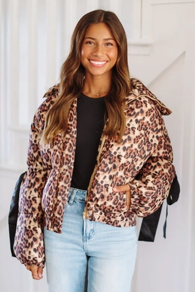 Leopard Puffer Jacket - Taupe Wrinkle Resistant Weave