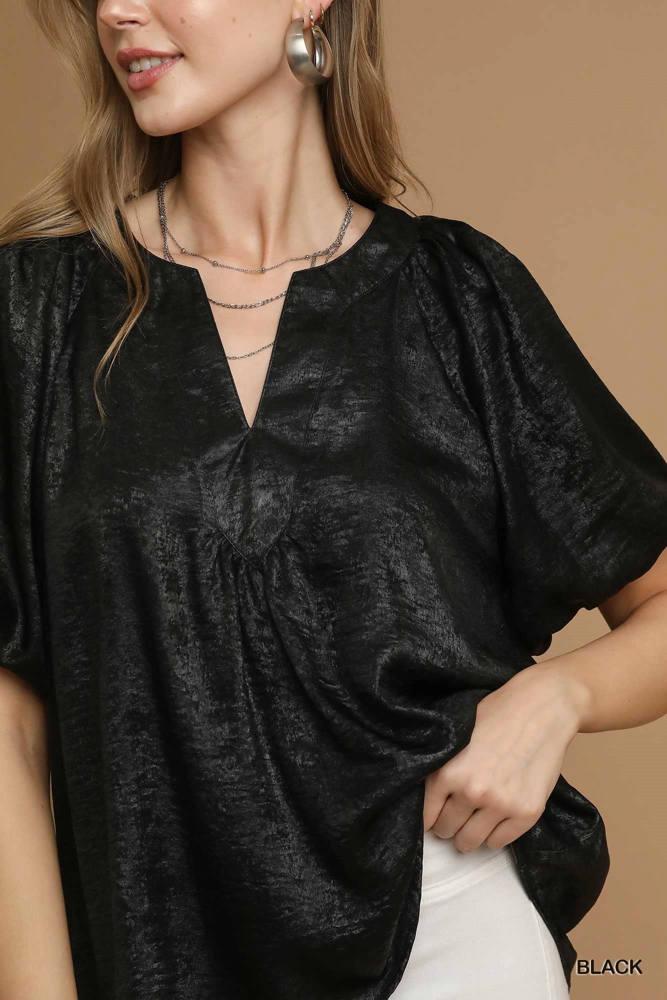 Black Metallic Puff Sleeve Blouse LaserCut Edges RibbedNeckline