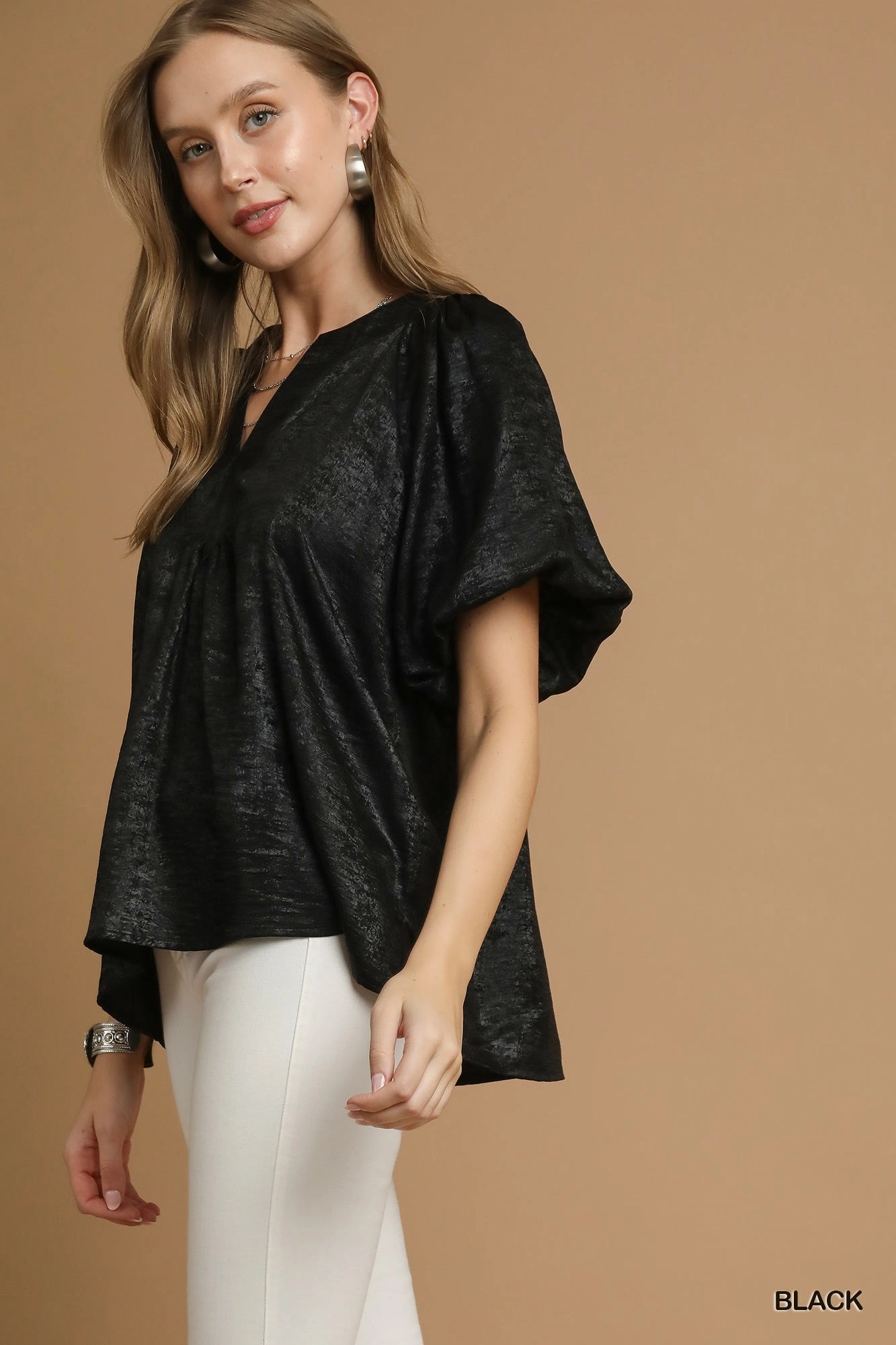 FadeResistant Dye Soft Knit Black Metallic Puff Sleeve Blouse