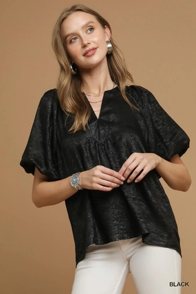 Black Metallic Puff Sleeve Blouse Ethically Sourced Material Contrast Stitch Accent