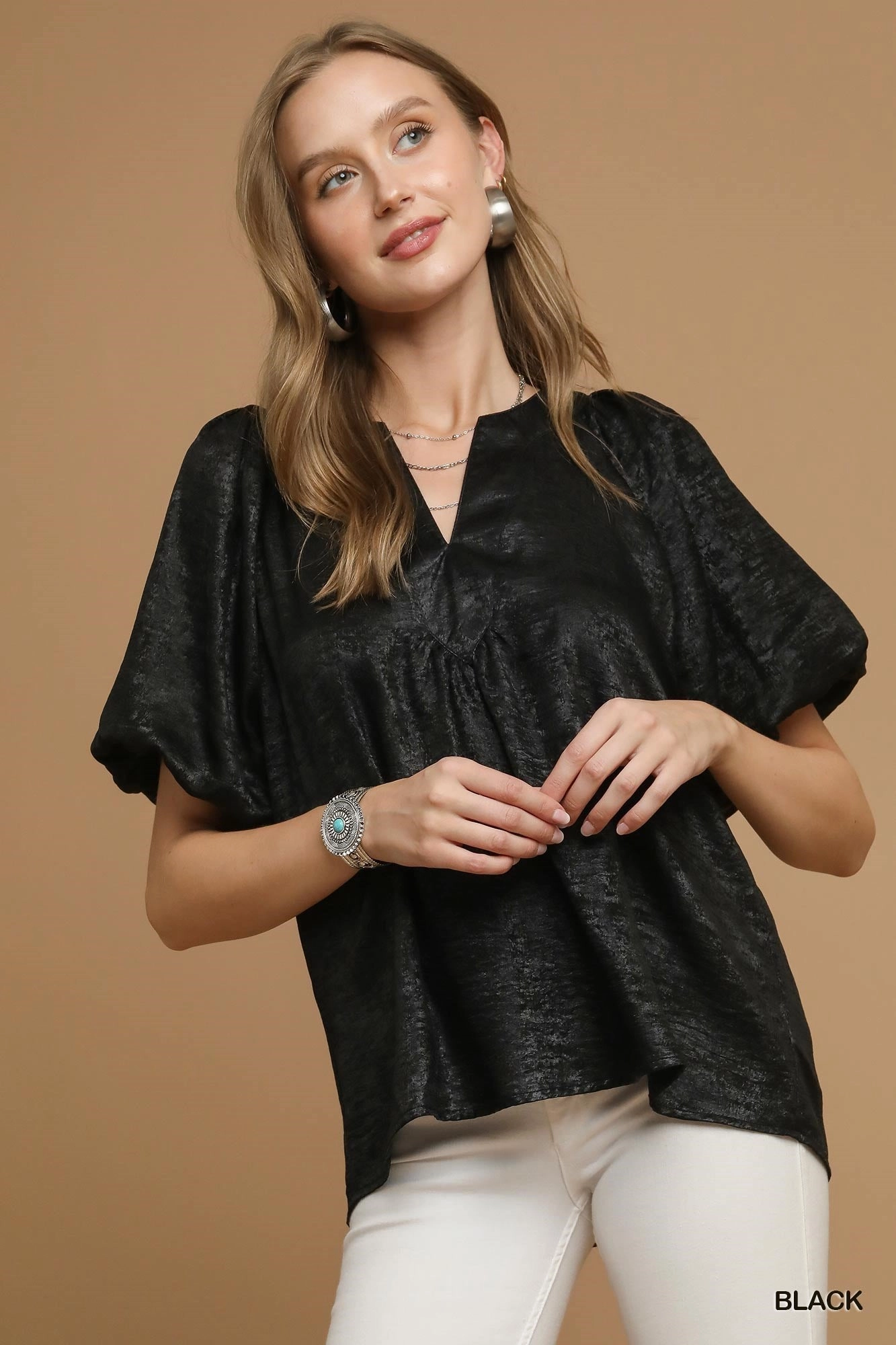 Black Metallic Puff Sleeve Blouse Ethically Sourced Material Contrast Stitch Accent
