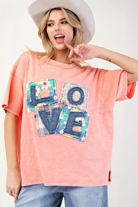 Love Patch Mineral Washed  Coral Cotton Slub Top Stretch waistband