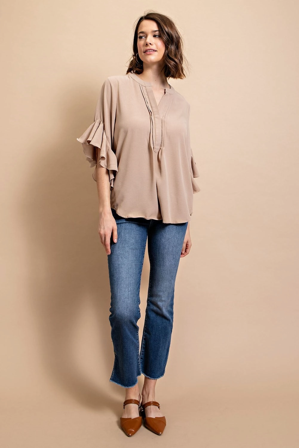 ContrastStitching Classic Khaki Ruffled Bell Sleeve Top