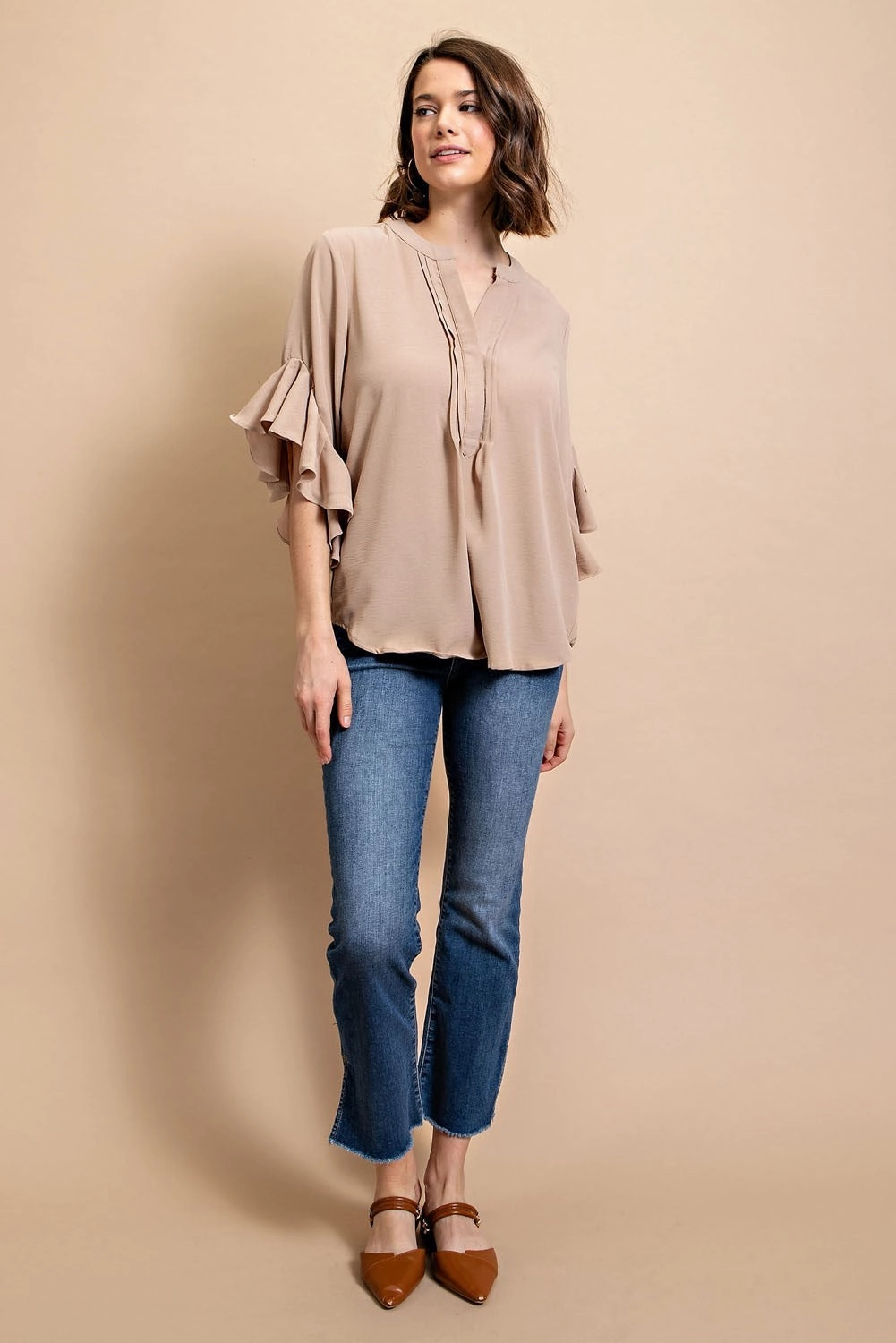 Classic Khaki Ruffled Bell Sleeve Top DoubleStitchedSeams