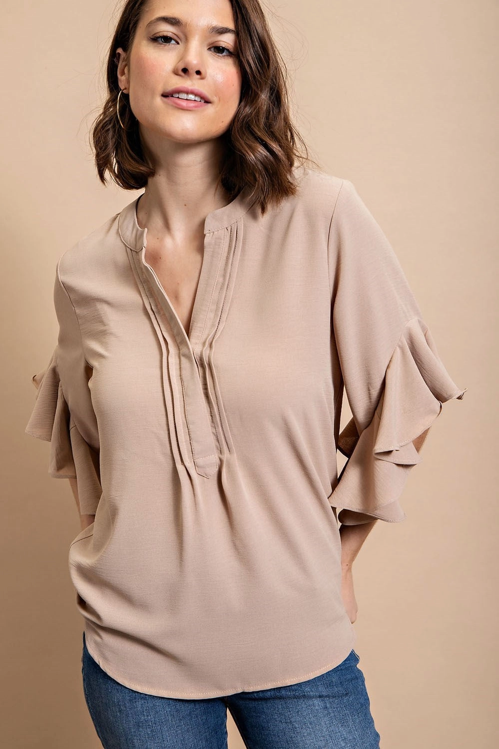 AntiPillingFinish Classic Khaki Ruffled Bell Sleeve Top