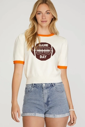 Modern Silhouette Multi Way Adjustable Fit Varsity Game Day Knit- Orange