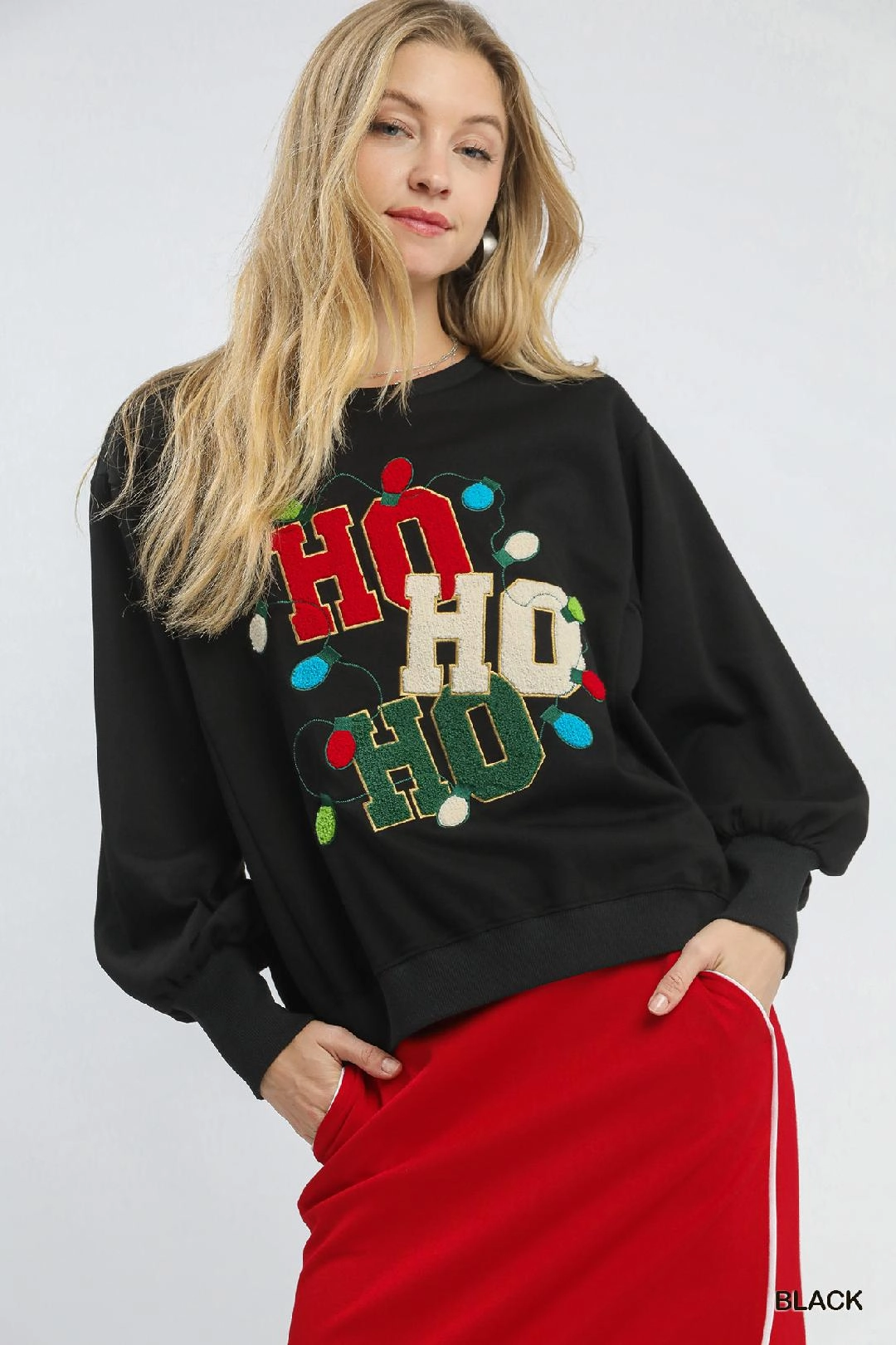 Ho Ho Ho French Terry Sweatshirt/Black Weighted Hem Trim Reflective Detailing