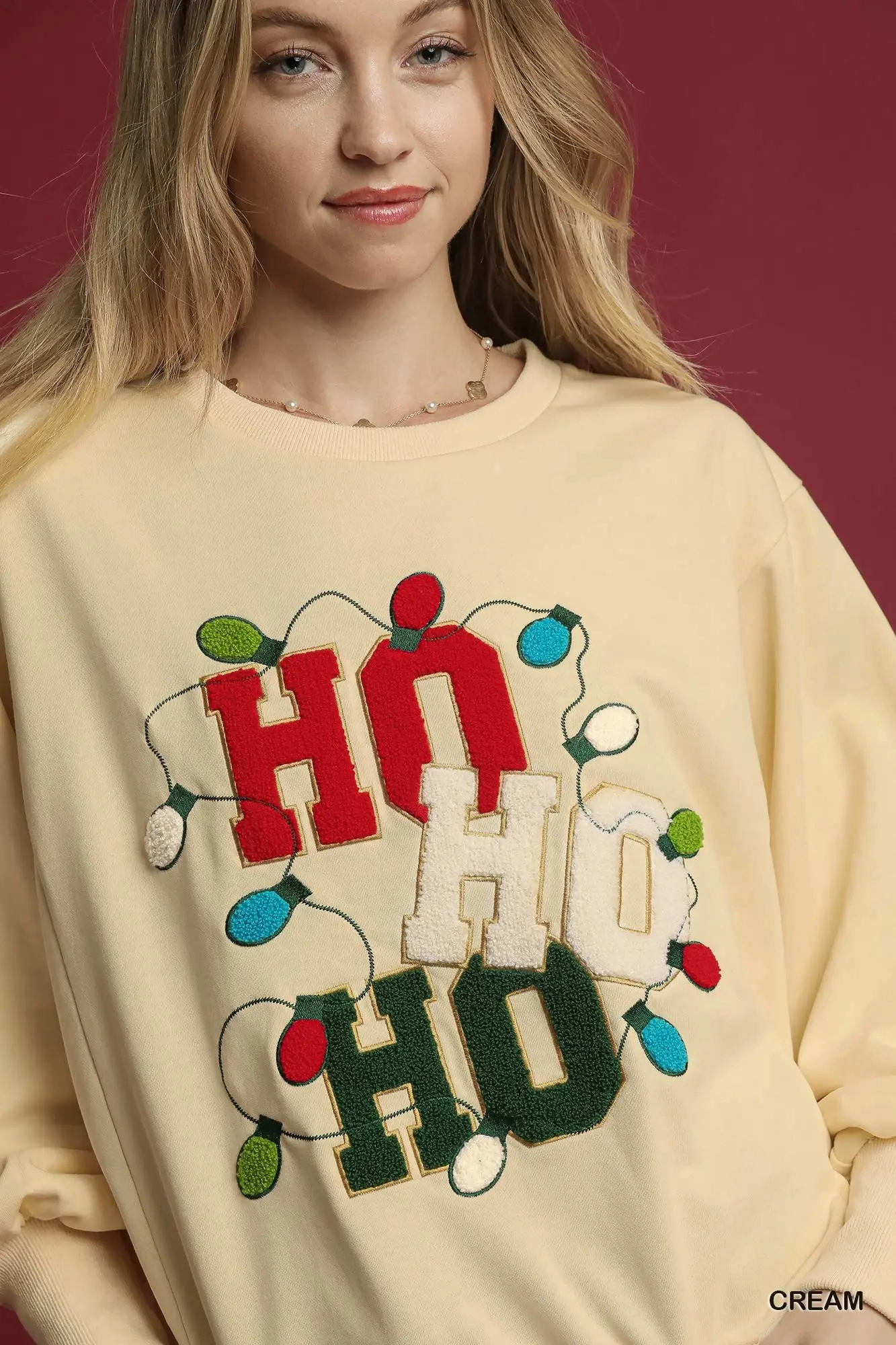 Double Layered Hood Assembly Ho Ho Ho French Terry Sweatshirt/Cream