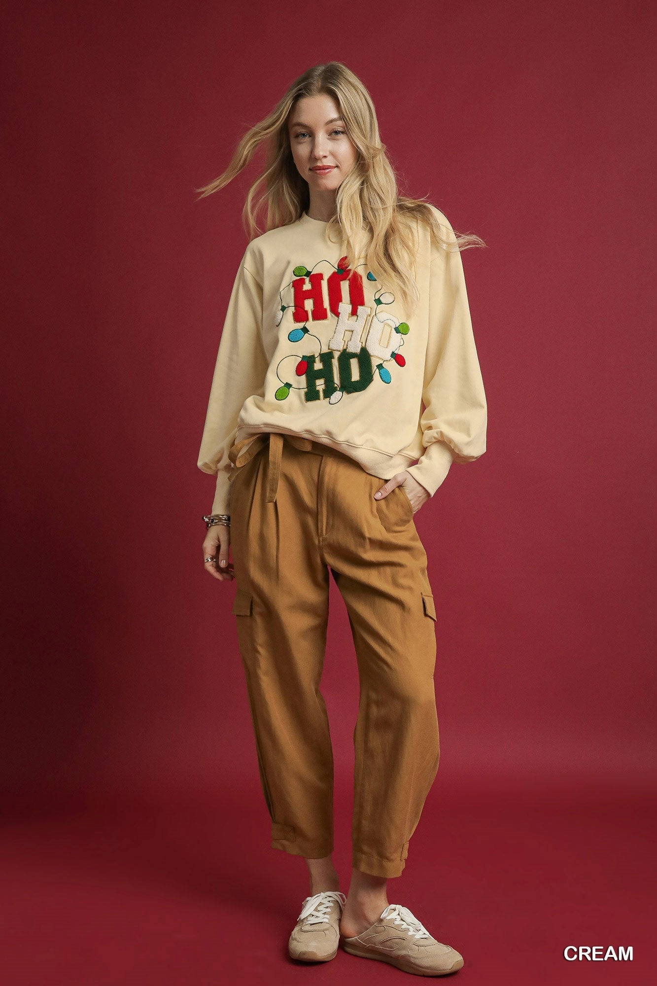 Double Layered Hem Ho Ho Ho French Terry Sweatshirt/Cream