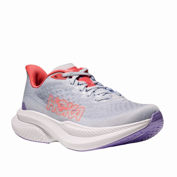 HOKA Women's Mach 6 Wide Grey/Orange running with a Velcro closure