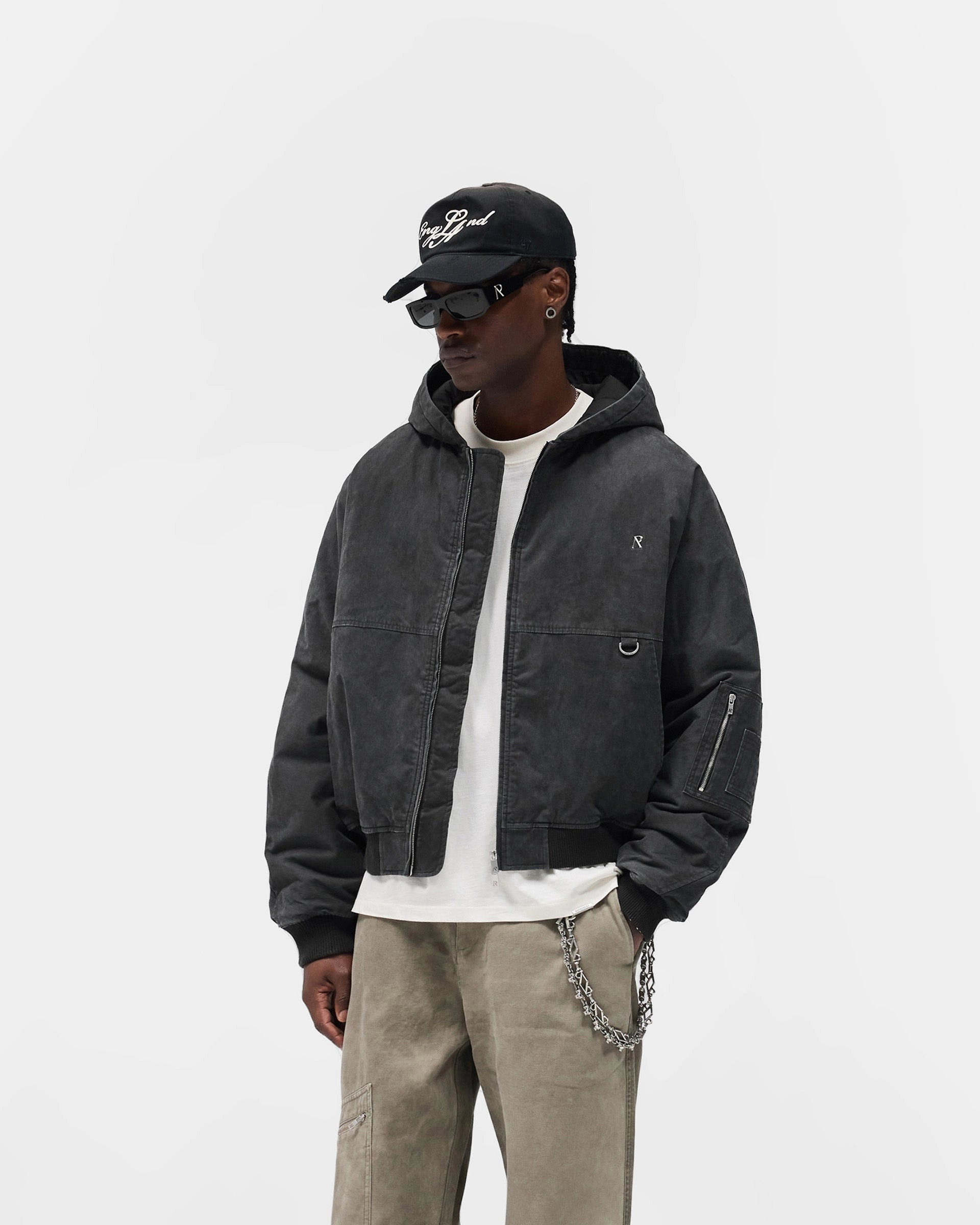 Hooded Bomber - Washed Black Snap Button