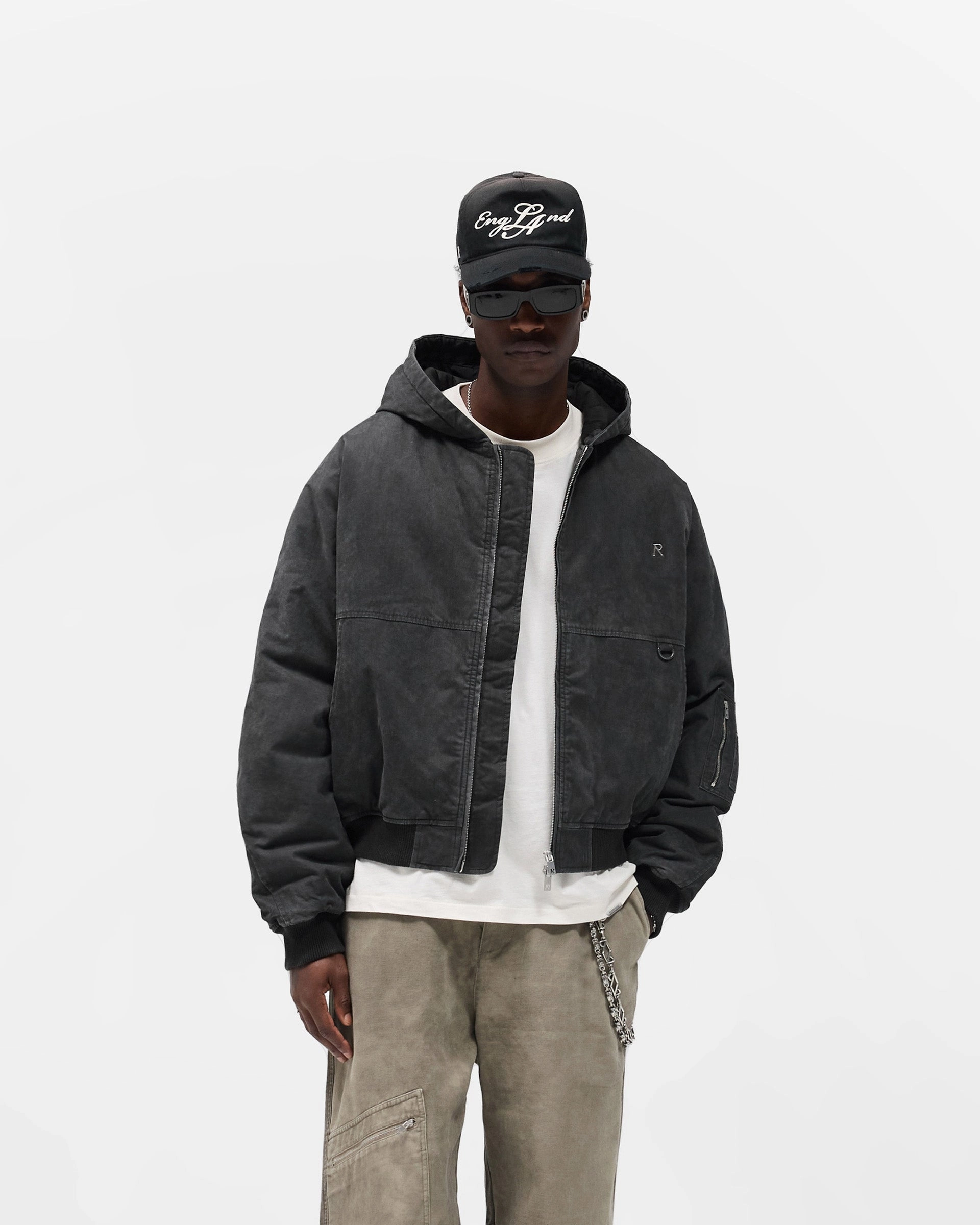 Windproof Cuffs Flexible Elasticity Hooded Bomber - Washed Black