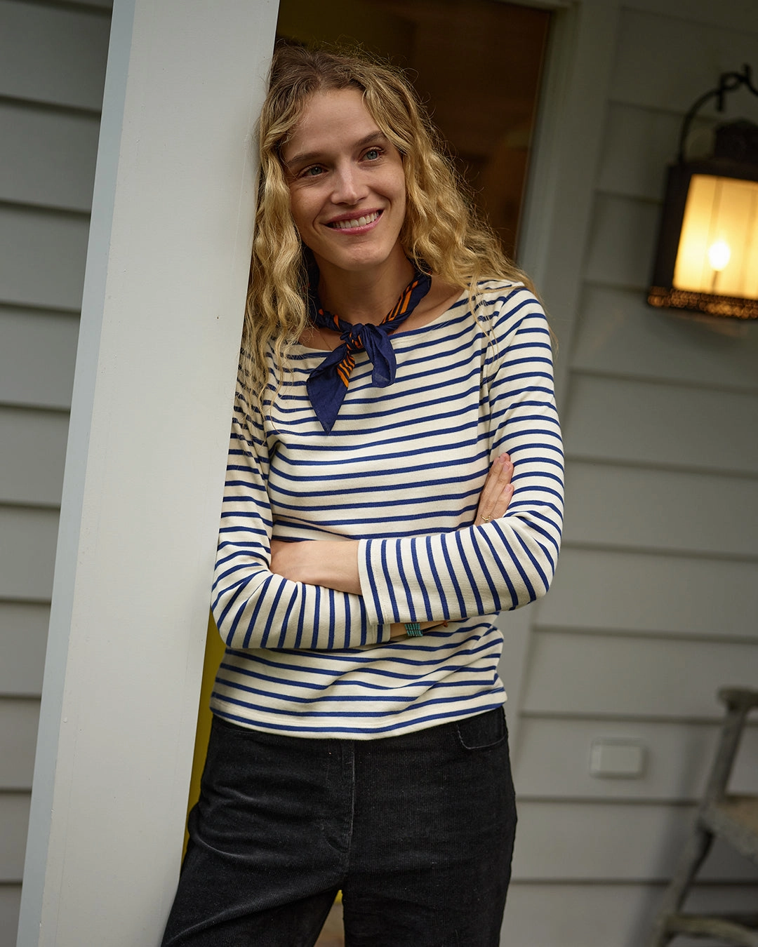 AntiPillingTechnology Women??s Breton Stripe Boatneck Tee in Off White/Atlantic Blue