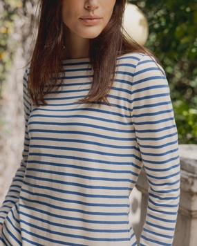 Women??s Breton Stripe Boatneck Tee in Off White/Atlantic Blue Casual Wear