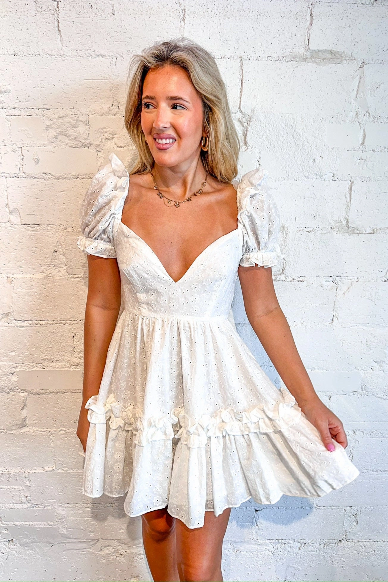 Chic Mom White Ivy Eyelet Ruffle Mini Dress