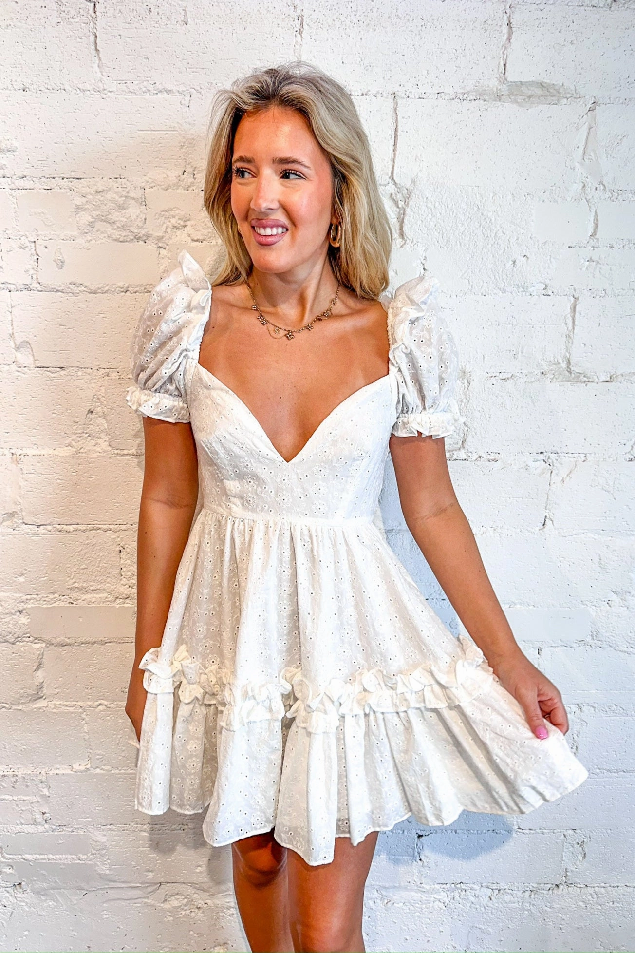 Trendy pick White Ivy Eyelet Ruffle Mini Dress