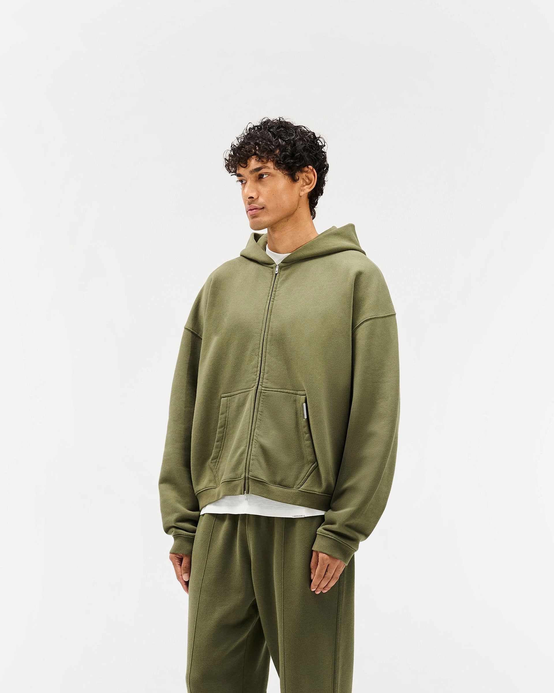 Winter Day Initial Boxy Zip Through Hoodie - Army Green