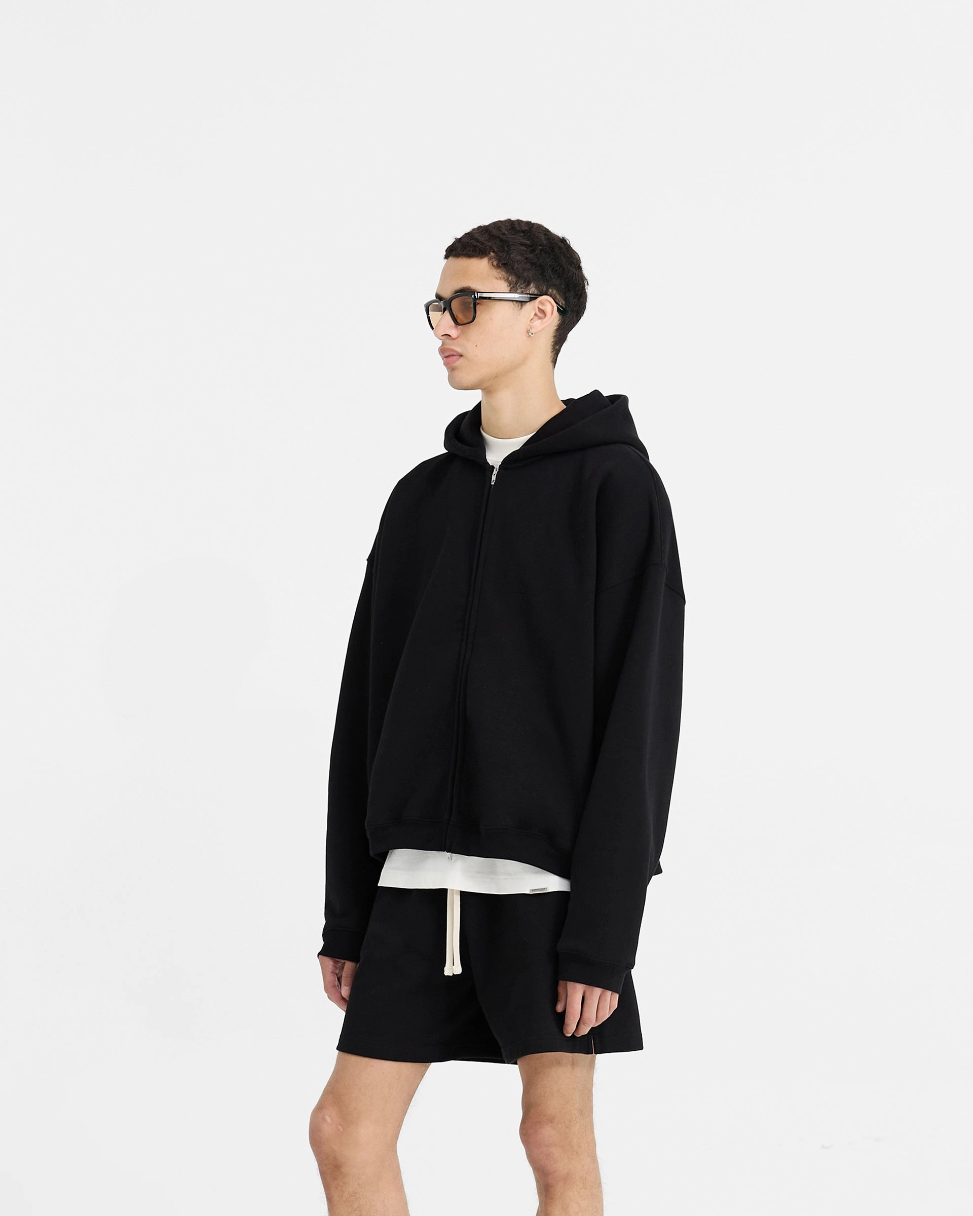 Initial Boxy Zip Through Hoodie - Black Structured Hood Shape Halloween wear