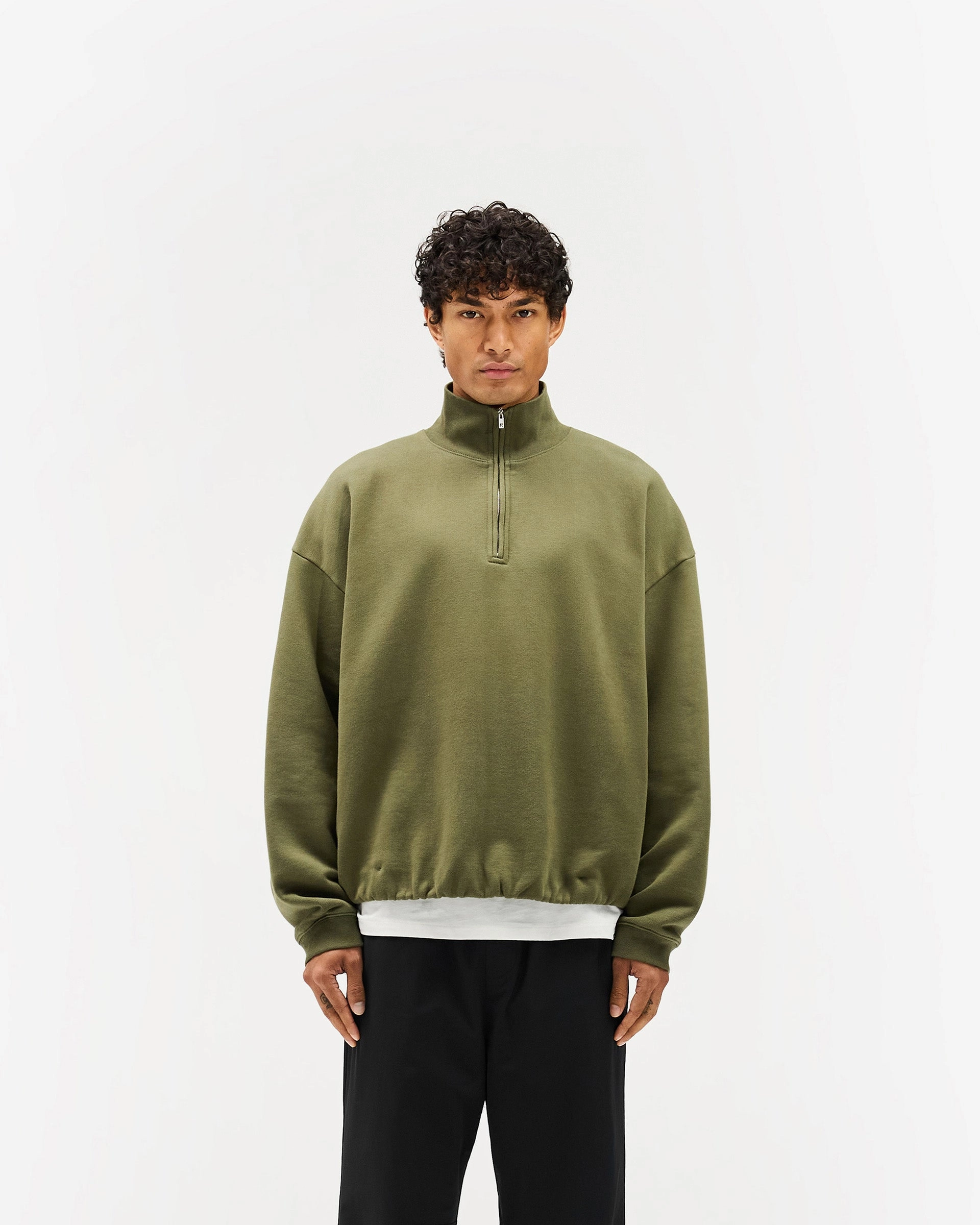 Initial Funnel Neck Quarter Zip Sweatshirt - Army Green HighElasticity Fabric