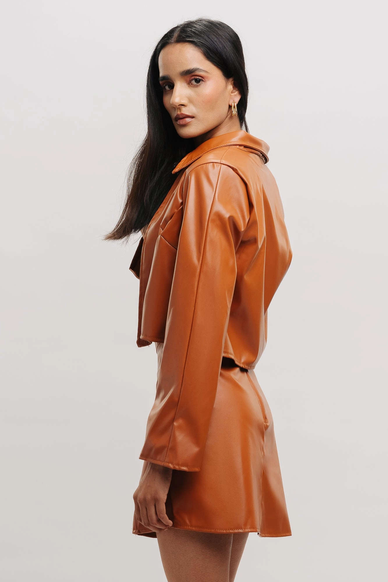 Versatile Fit Layer Glove Friendly Cuff Design Tan Leather Crop Shacket