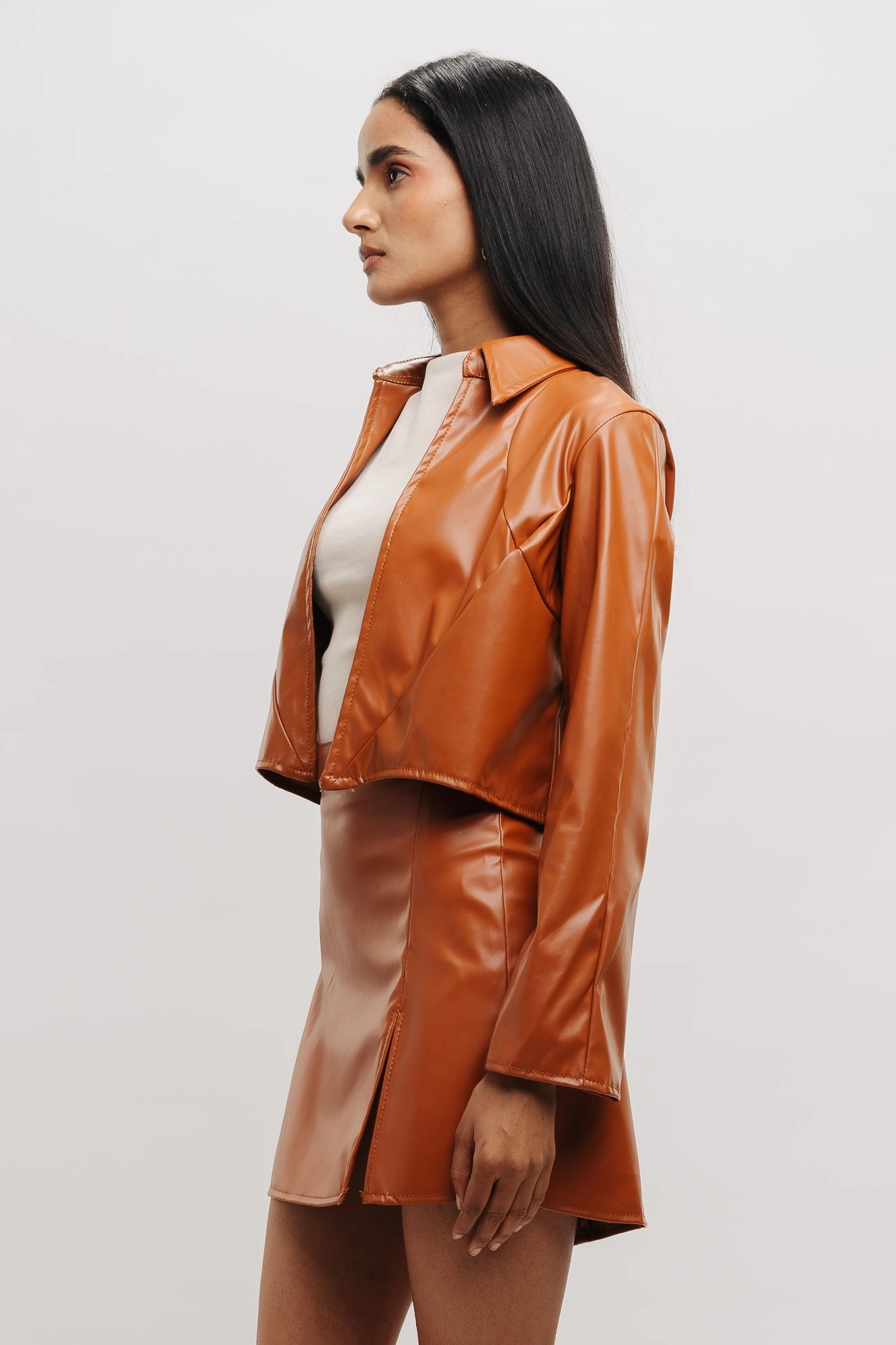 Tan Leather Crop Shacket Leather Bits Cold Ready Look