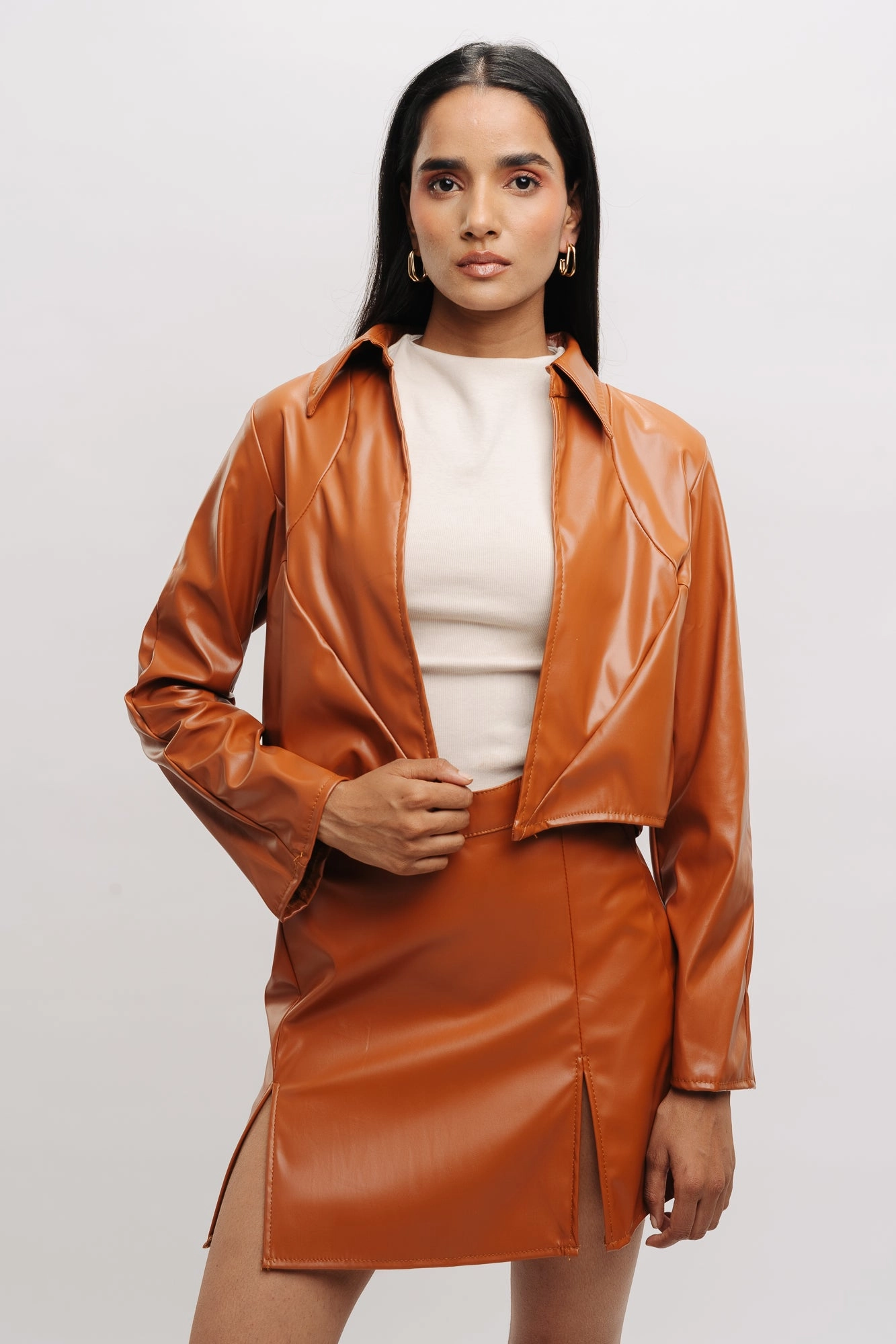Tan Leather Crop Shacket Winter Fit Mild Weather Layer